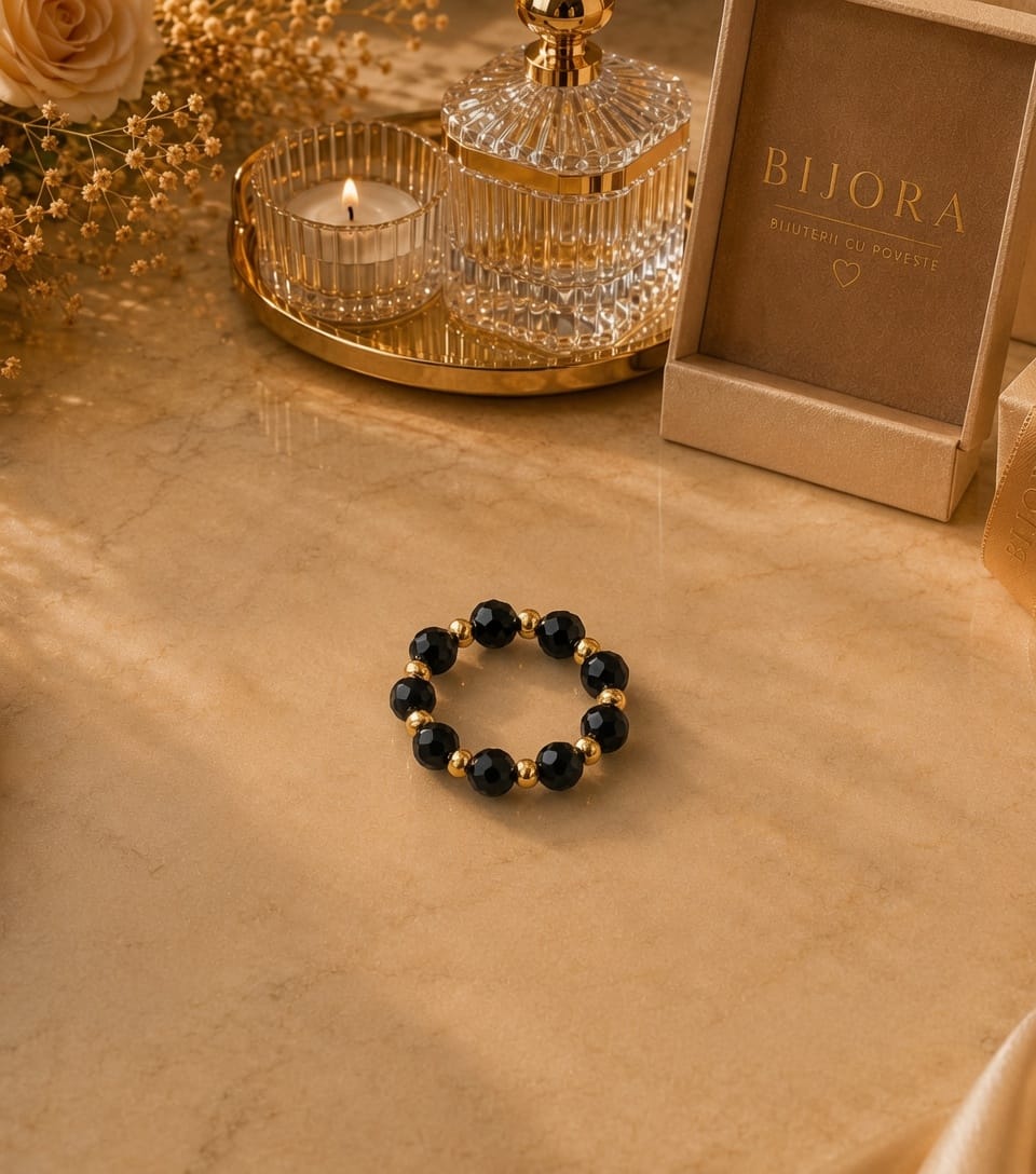 Inel Onix Gold Elasic Placat cu Aur 18k